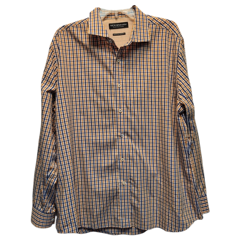 Nick Graham Men's Blue Orange White Plaid Modern Fit Button-Down Shirt- Size XL